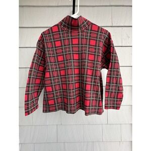 Vintage 90s Talbots Red‎ Holiday Tartan Plaid Mock Neck Cotton Top
